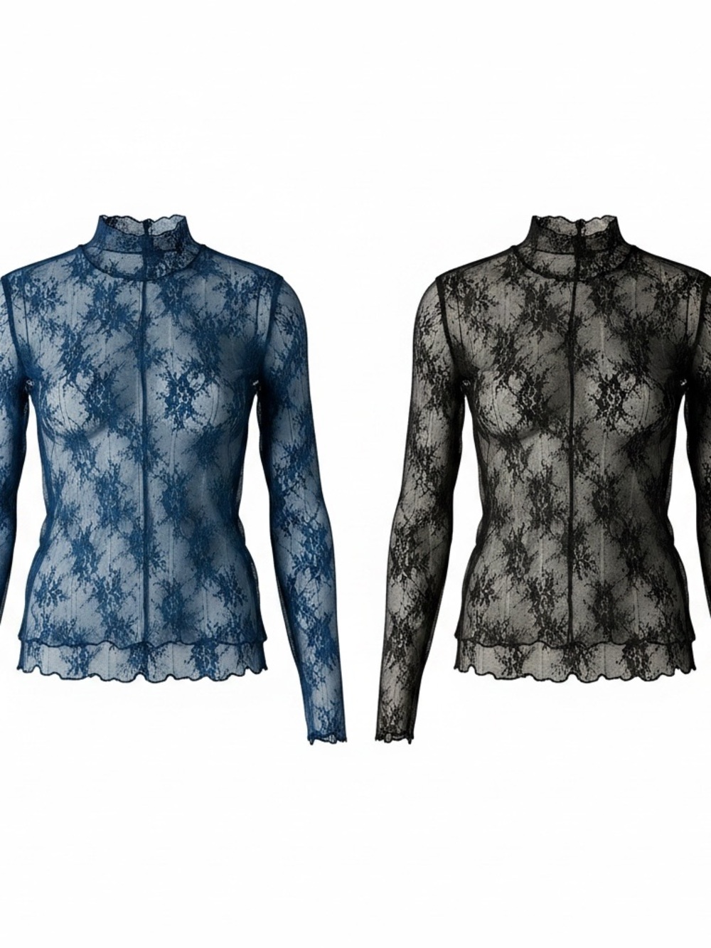 (2) Ugerlov 1-Blue 1-Black Sheer Floral Lace Blouses L Mock Neck Long Sleeve